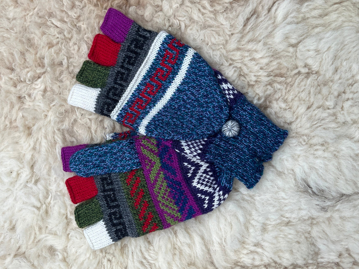 Denim & Grey Greek Key Convertible Alpaca Mittens