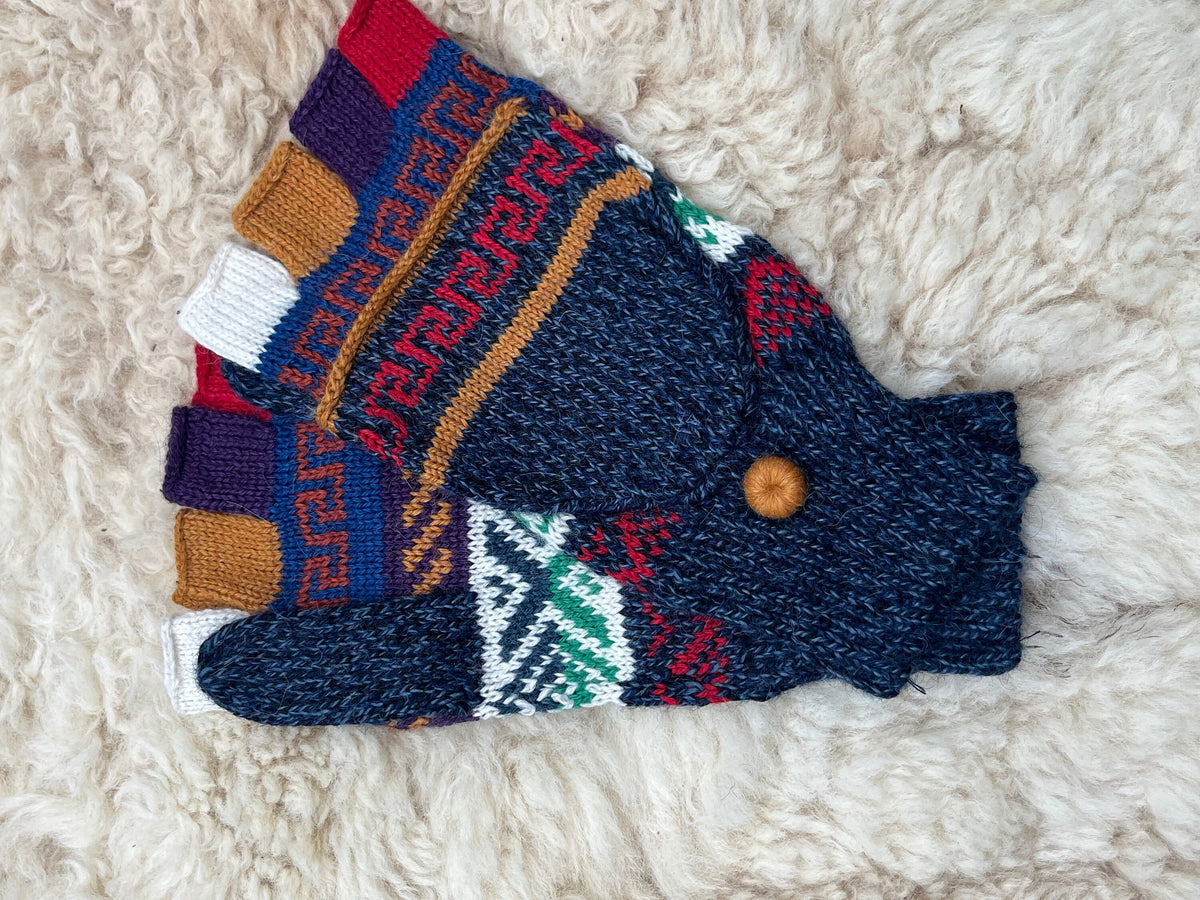 Denim & Grey Greek Key Convertible Alpaca Mittens, photo 6