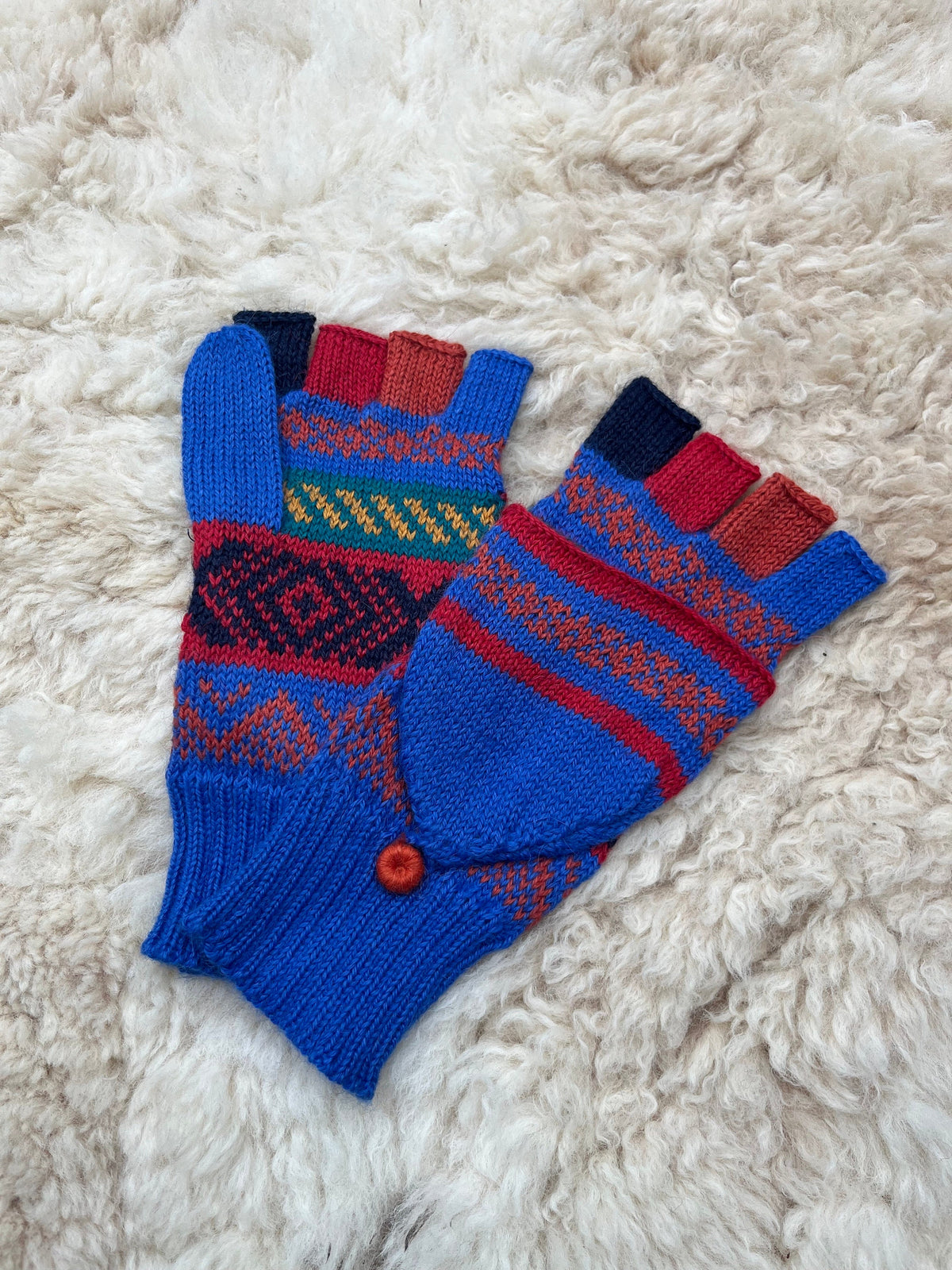 Royal Blue & Raspberry Fair Isle Convertible Alpaca Mittens