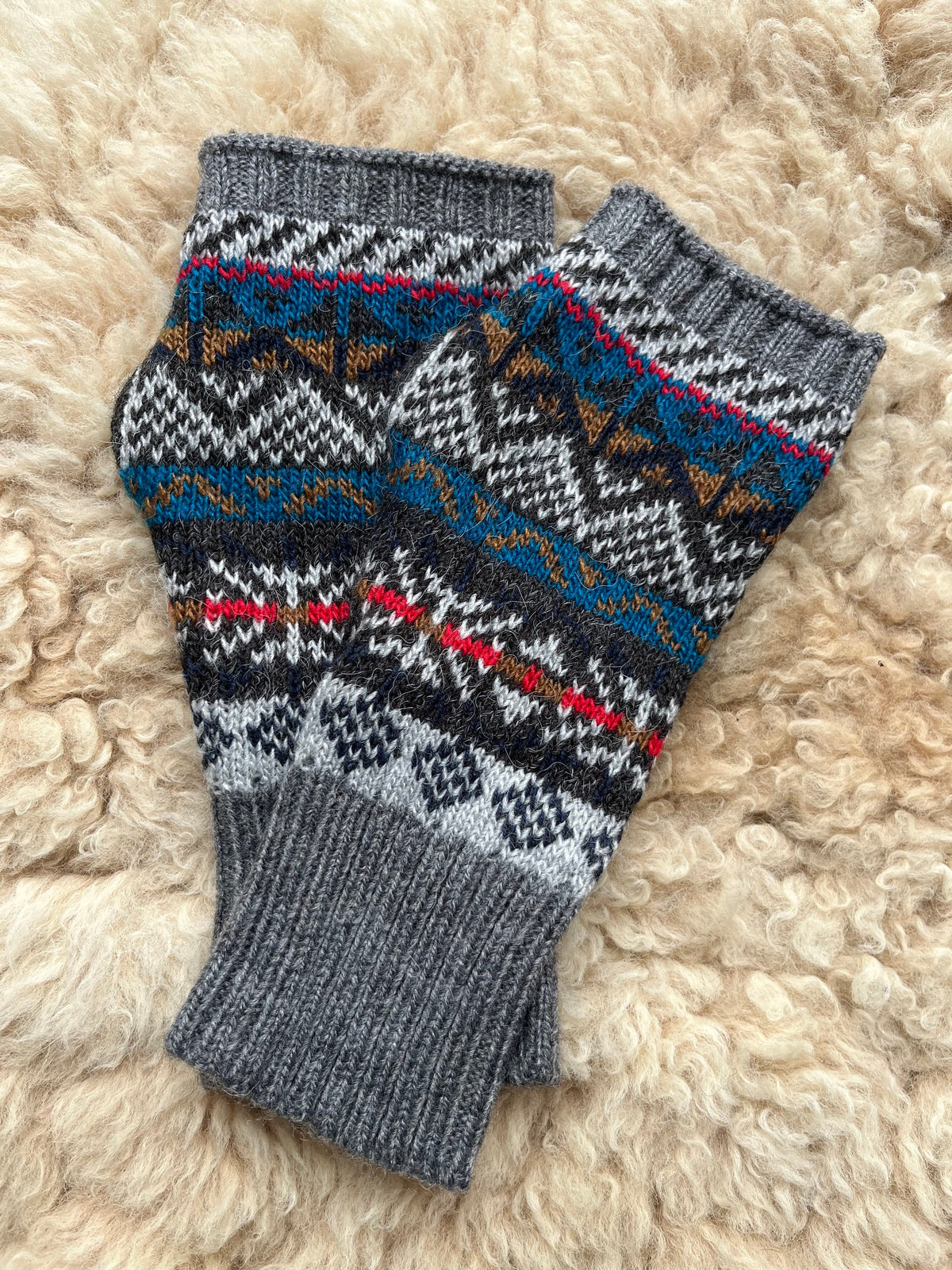 Grey & Teal Fair Isle Alpaca Fingerless Gloves