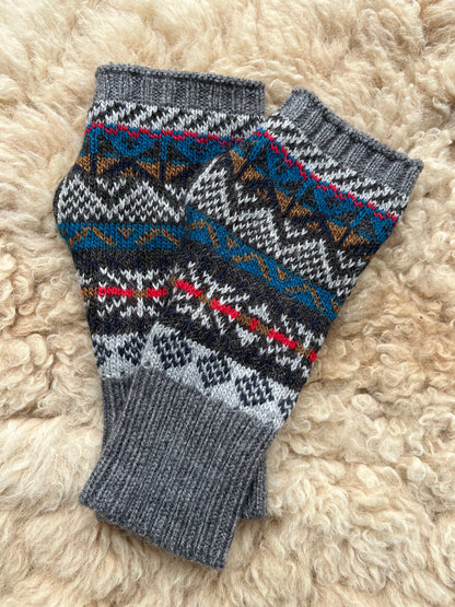 Grey & Teal Fair Isle Alpaca Fingerless Gloves