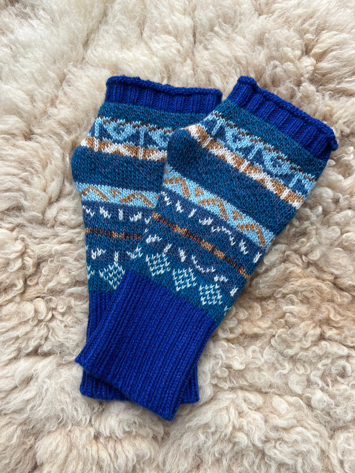 Royal Blue Fair Isle Alpaca Fingerless Gloves