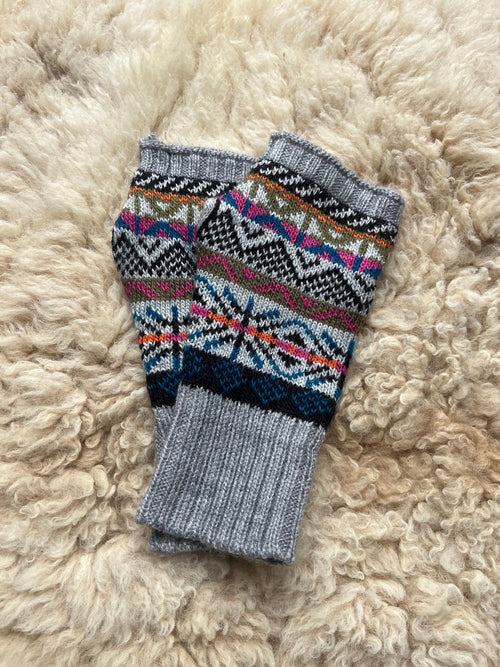 Grey & Red Fair Isle Alpaca Fingerless Gloves