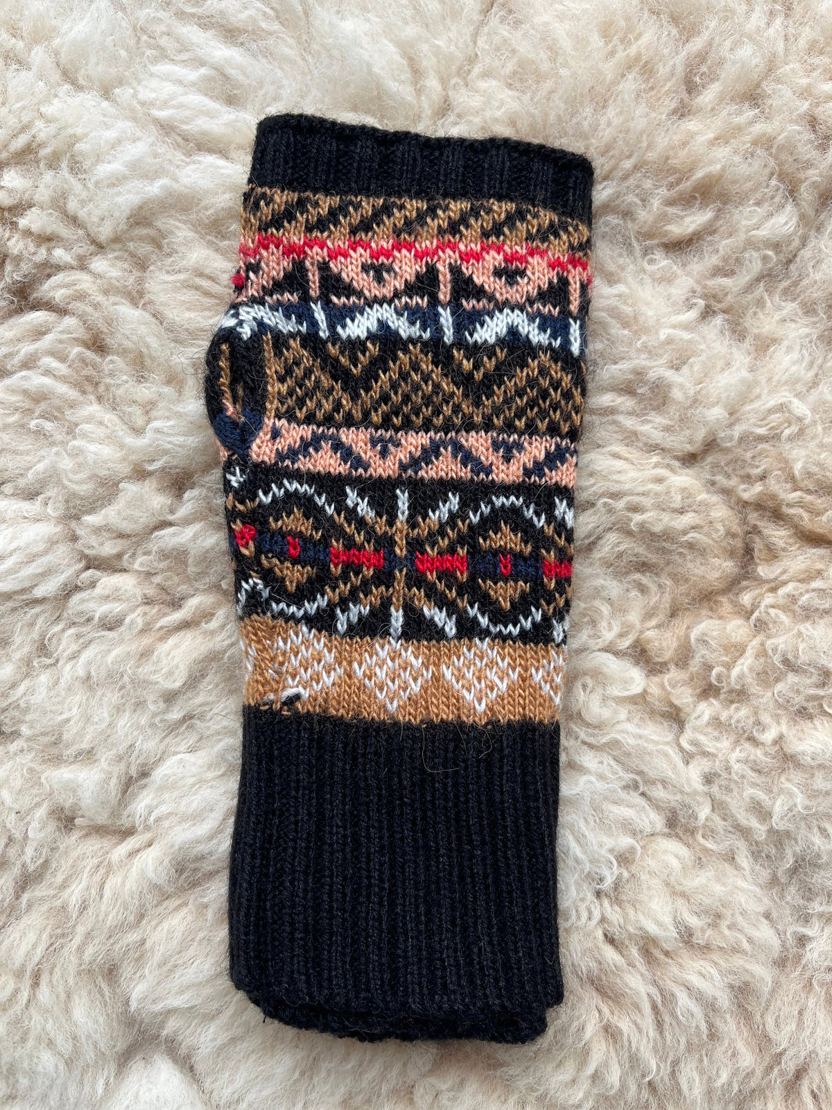 Black & Peach Fair Isle Alpaca Fingerless Gloves, photo 3