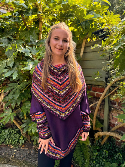 Purple Fair Isle Alpaca Poncho with Sleeves