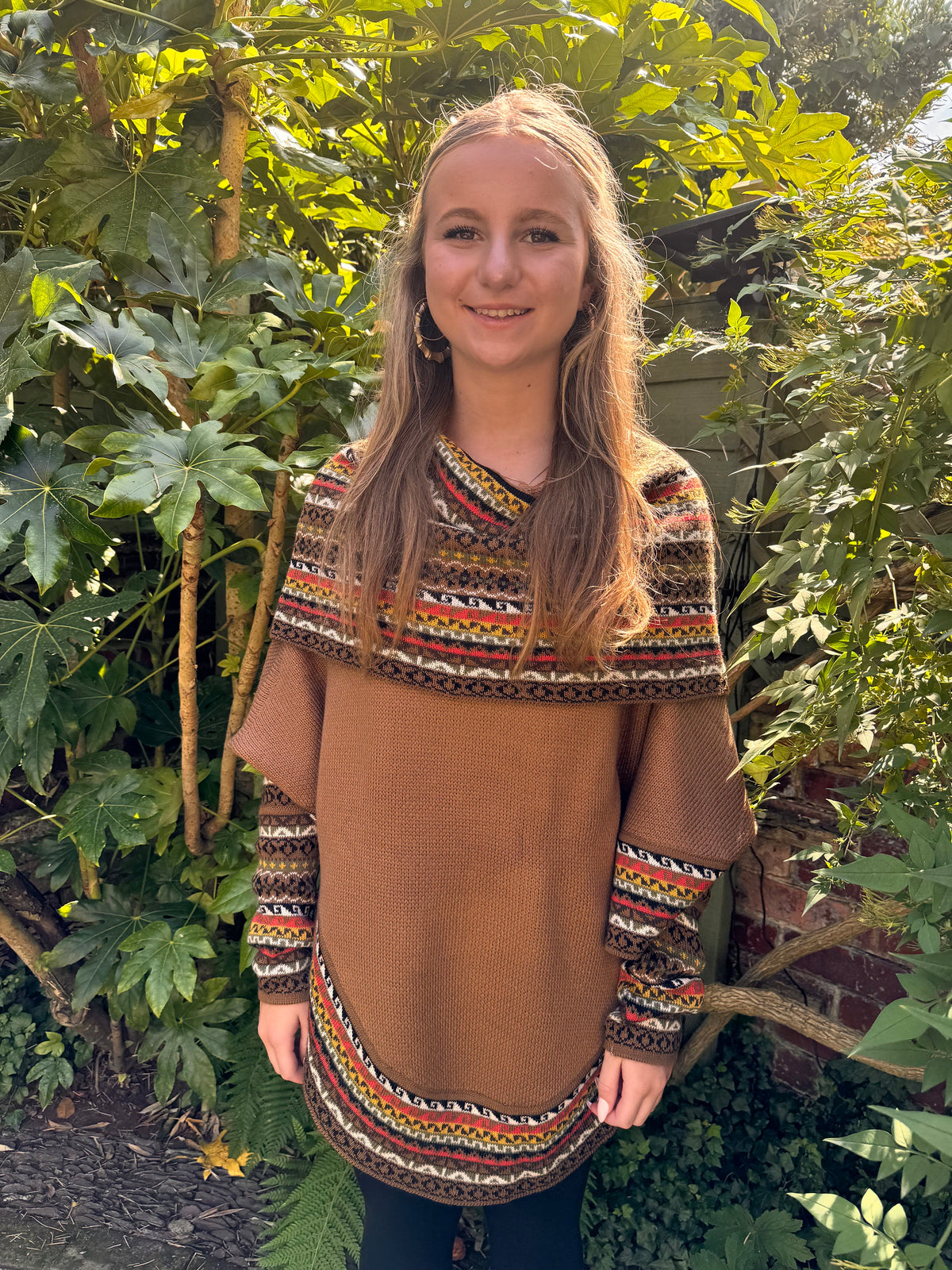 Camel Fair Isle Alpaca Poncho with Sleeves