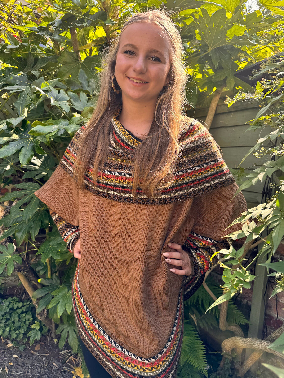 Camel Fair Isle Alpaca Poncho with Sleeves, photo 3