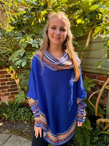 Royal Blue Fair Isle Alpaca Poncho with Sleeves, photo 3