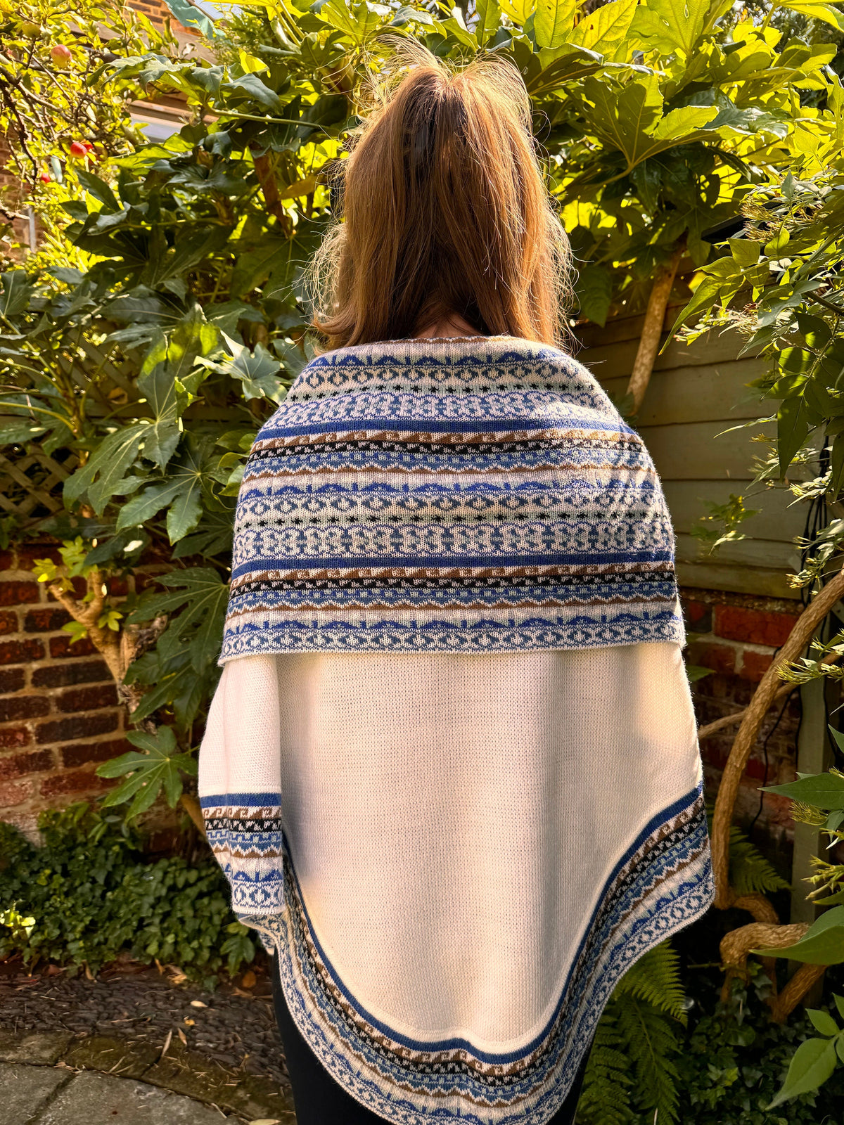 Cream & Blue Fair Isle Alpaca Poncho with Sleeves, photo 6