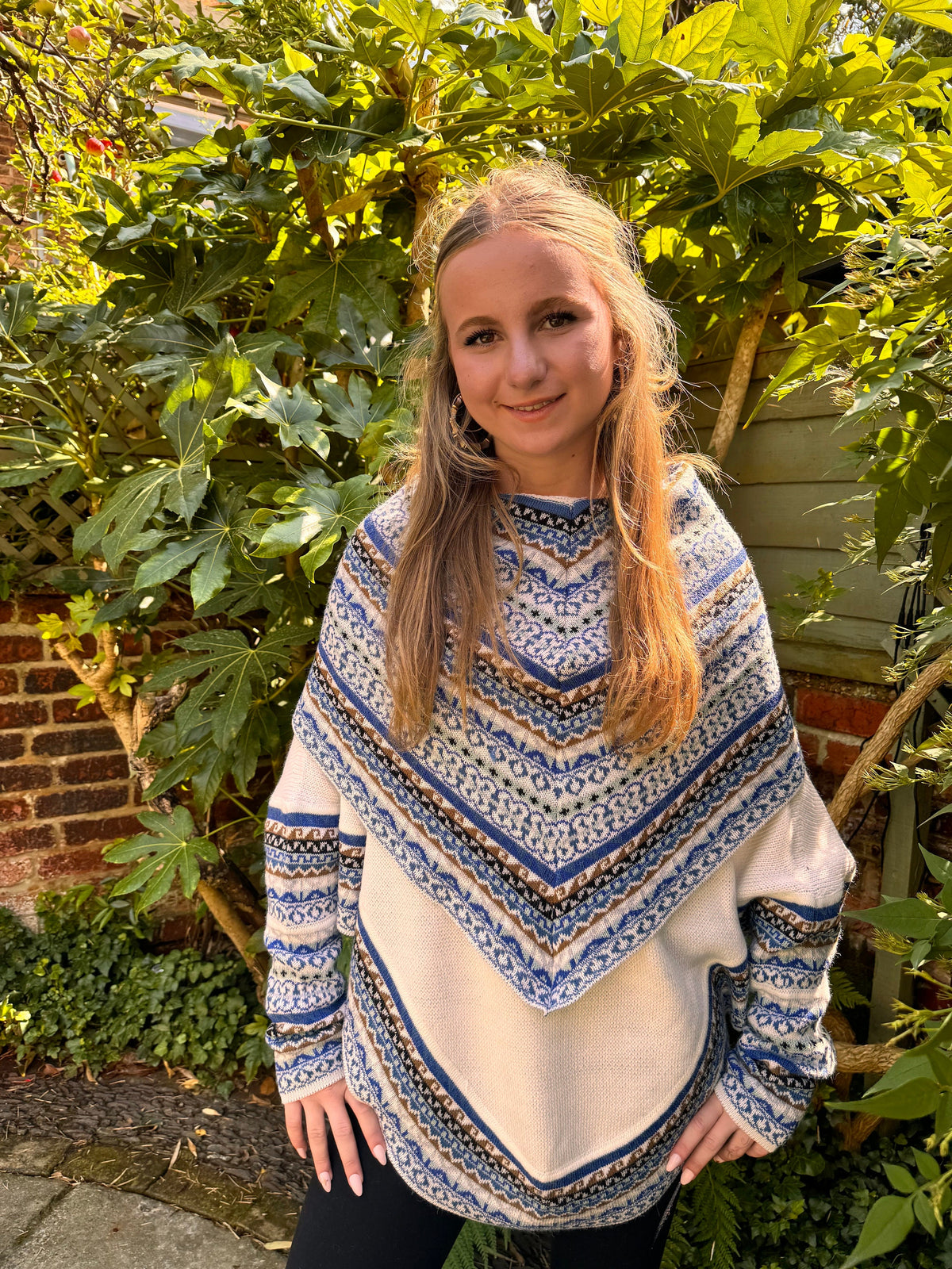 Cream & Blue Fair Isle Alpaca Poncho with Sleeves, photo 3