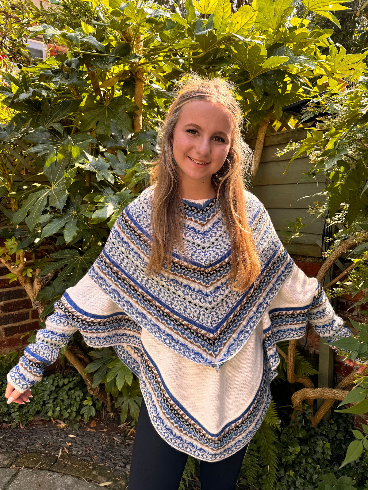 Cream & Blue Fair Isle Alpaca Poncho with Sleeves, photo 2
