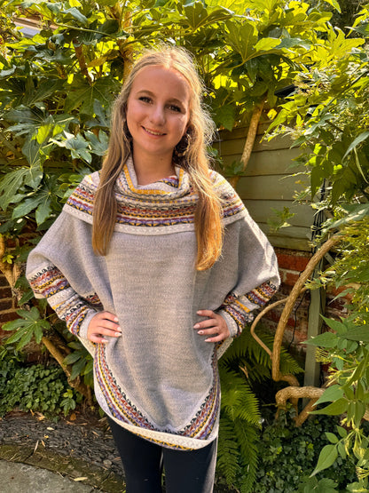 Light Grey & Mustard Fair Isle Alpaca Poncho with Sleeves, photo 3