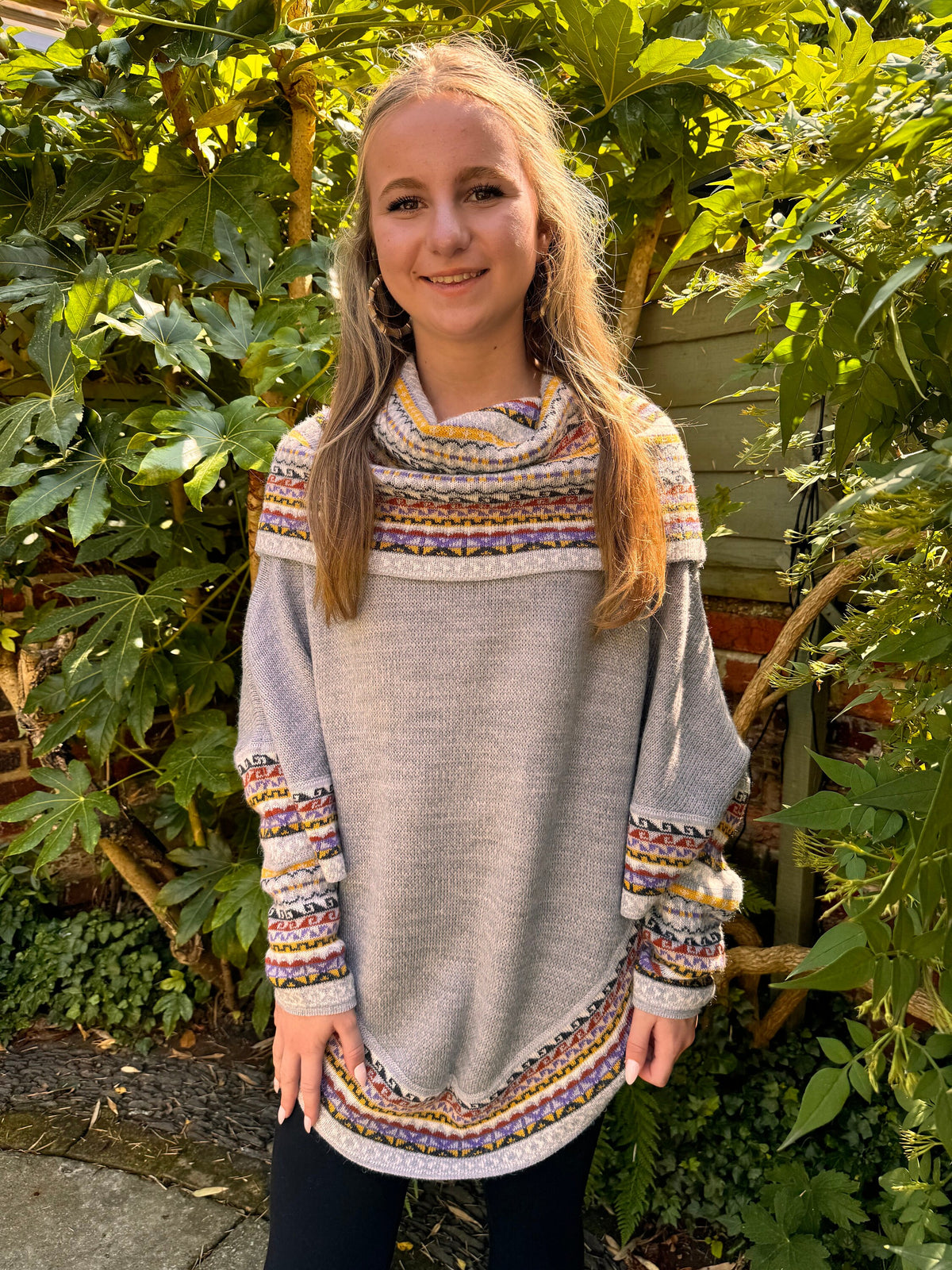 Light Grey & Mustard Fair Isle Alpaca Poncho with Sleeves