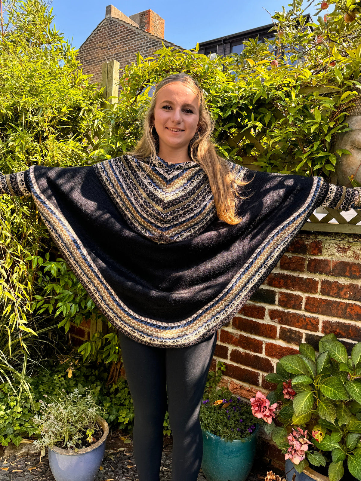 Black & Cream Fair Isle Alpaca Poncho with Sleeves, photo 2