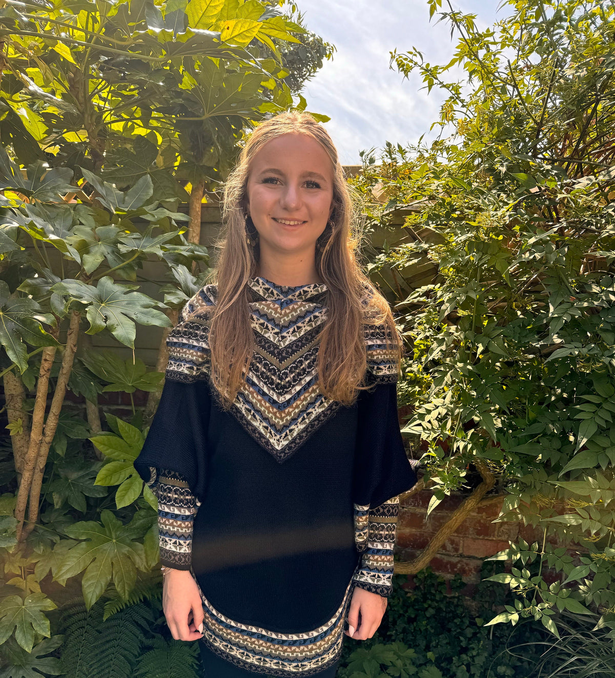 Black & Cream Fair Isle Alpaca Poncho with Sleeves