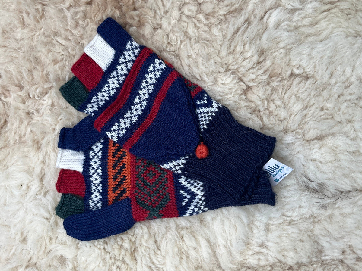 Denim & Grey Greek Key Convertible Alpaca Mittens, photo 3