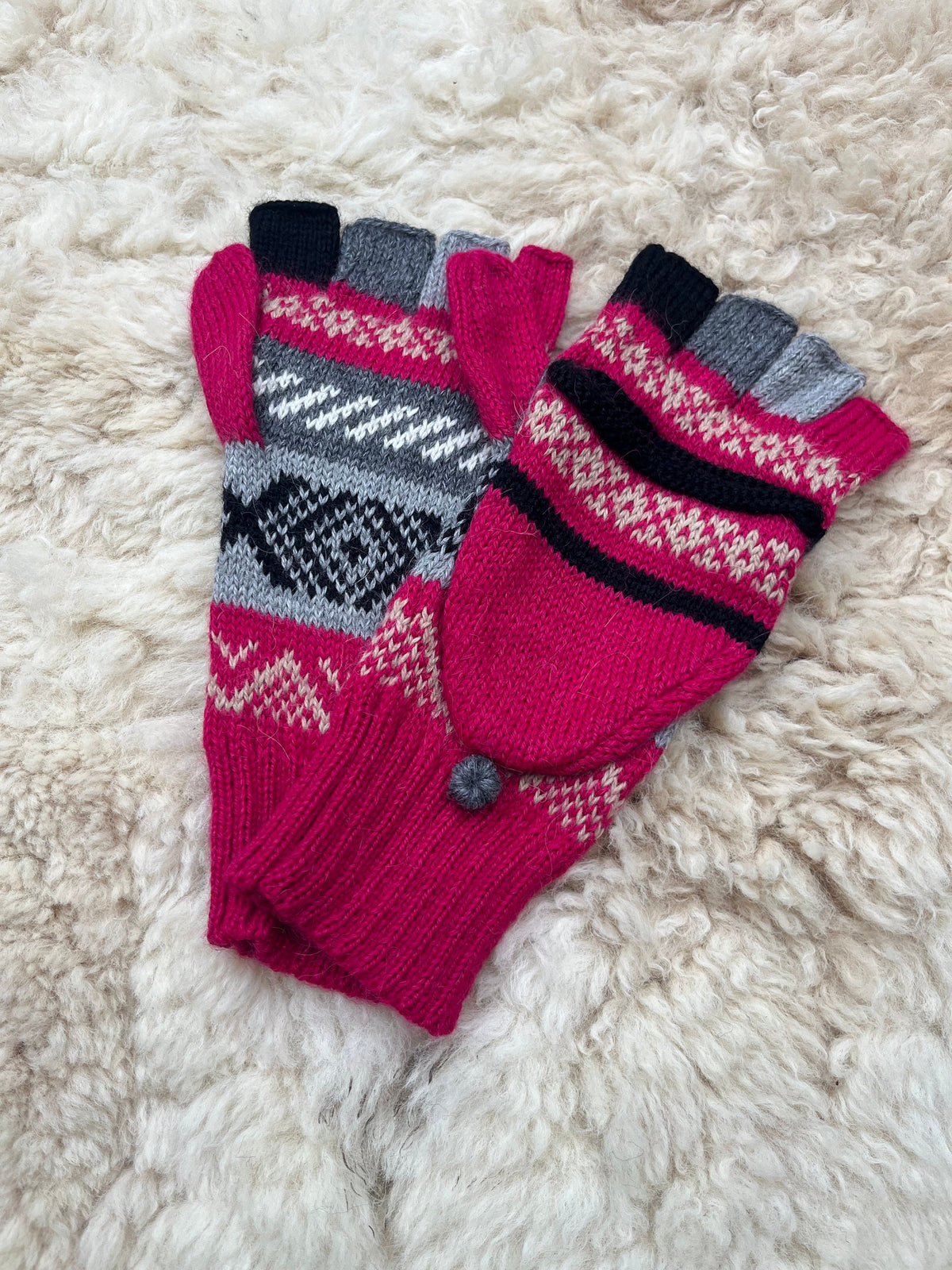 Royal Blue & Raspberry Fair Isle Convertible Alpaca Mittens, photo 3