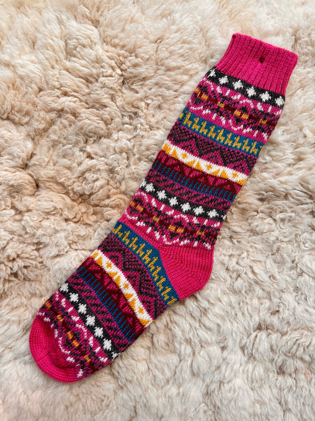 Pink Llama Fair Isle Mid-Calf Alpaca Socks