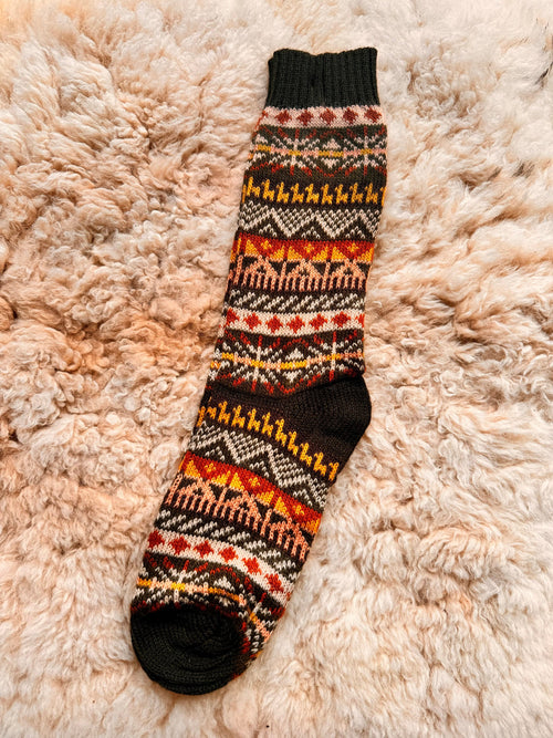 Olive Green Llama Fair Isle Mid-Calf Alpaca Socks