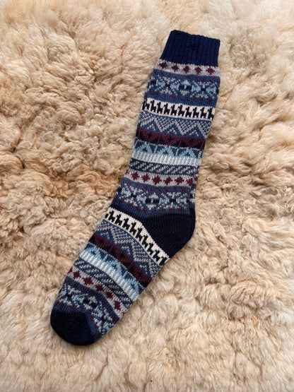 Dark Blue Llama Fair Isle Mid-Calf Alpaca Socks