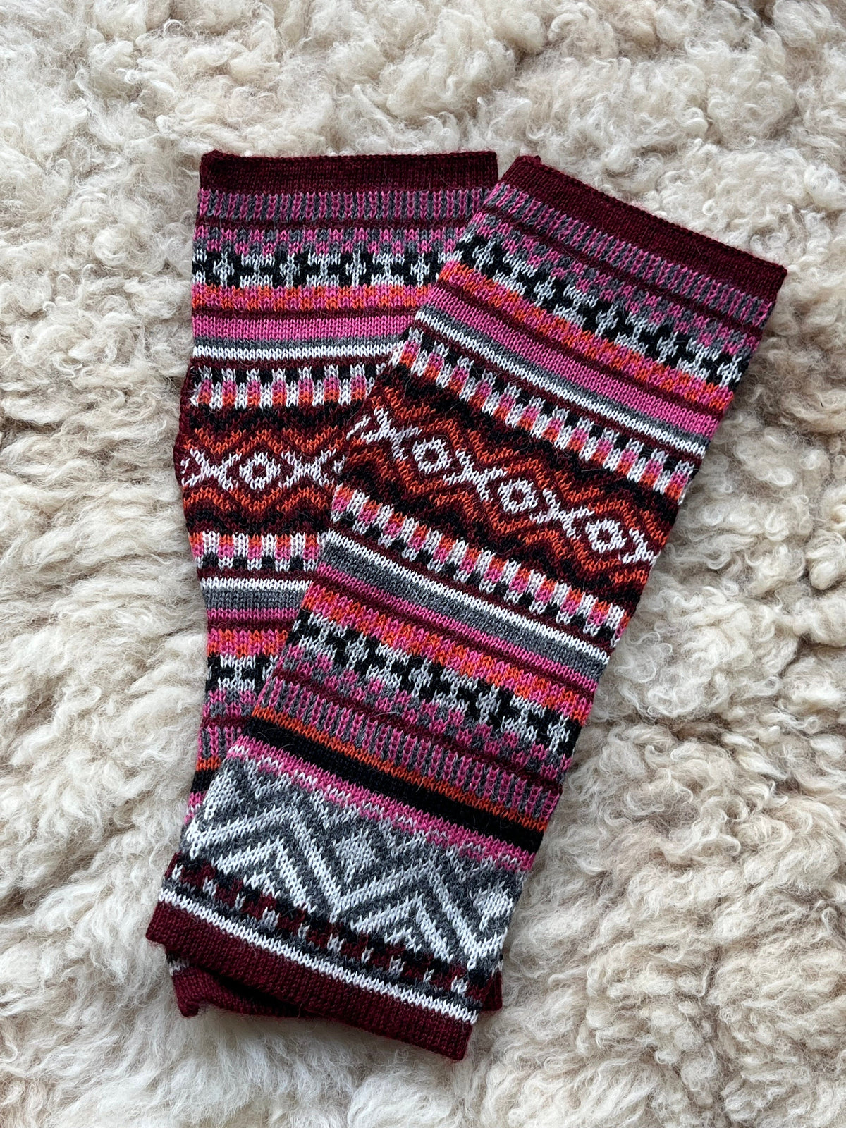 Burgundy & Pink Fair Isle Baby Alpaca Fingerless Gloves