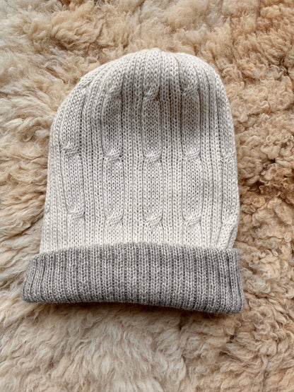 White & Grey Reversible Cable Knit Alpaca Beanie