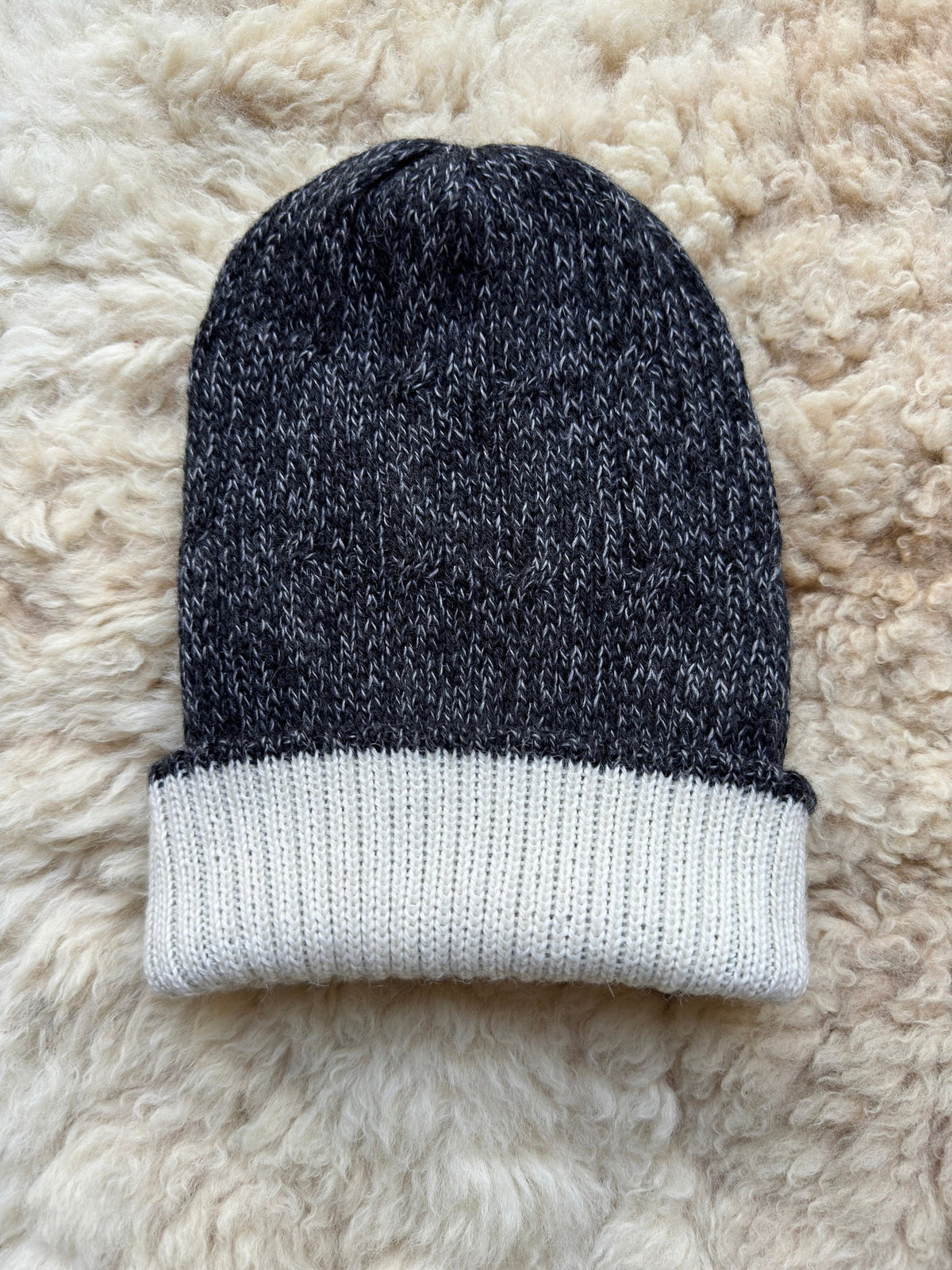Dark Grey & White Reversible Cable Knit Alpaca Beanie