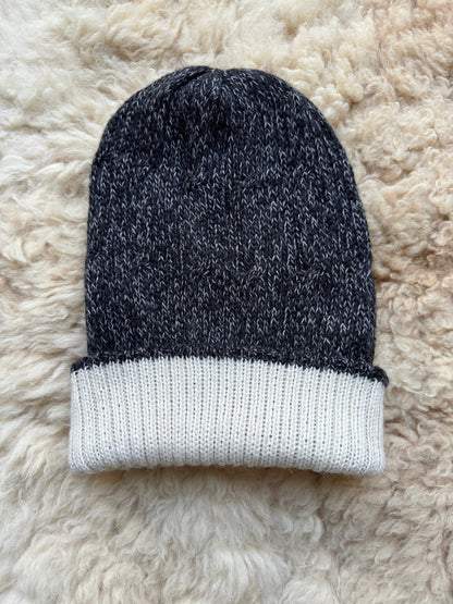 Dark Grey & White Reversible Cable Knit Alpaca Beanie