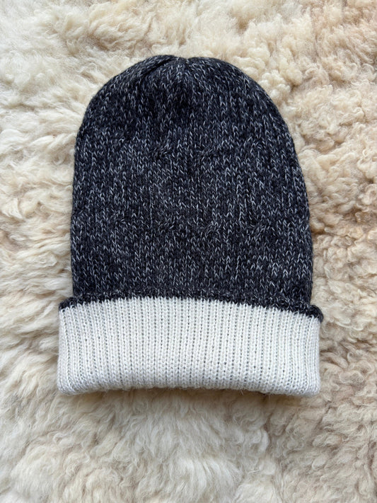 Dark Grey & White Reversible Cable Knit Alpaca Beanie