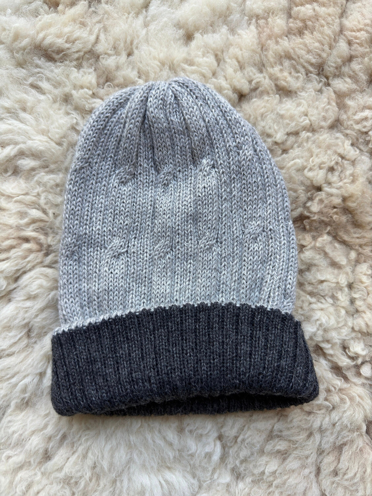 Grey & Dark Grey Reversible Cable Knit Alpaca Beanie