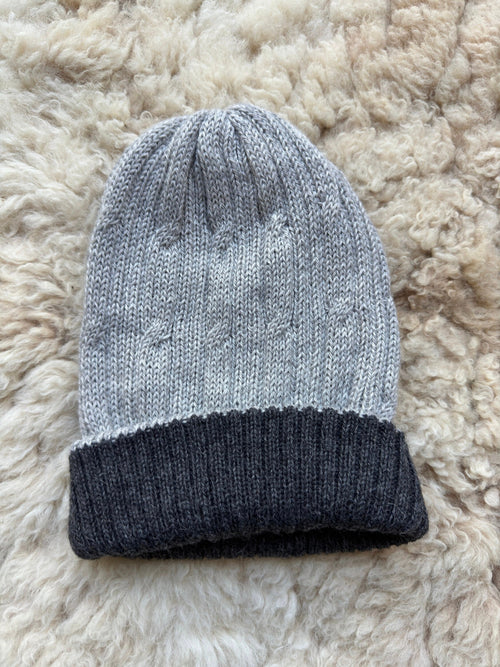 Grey & Dark Grey Reversible Cable Knit Alpaca Beanie