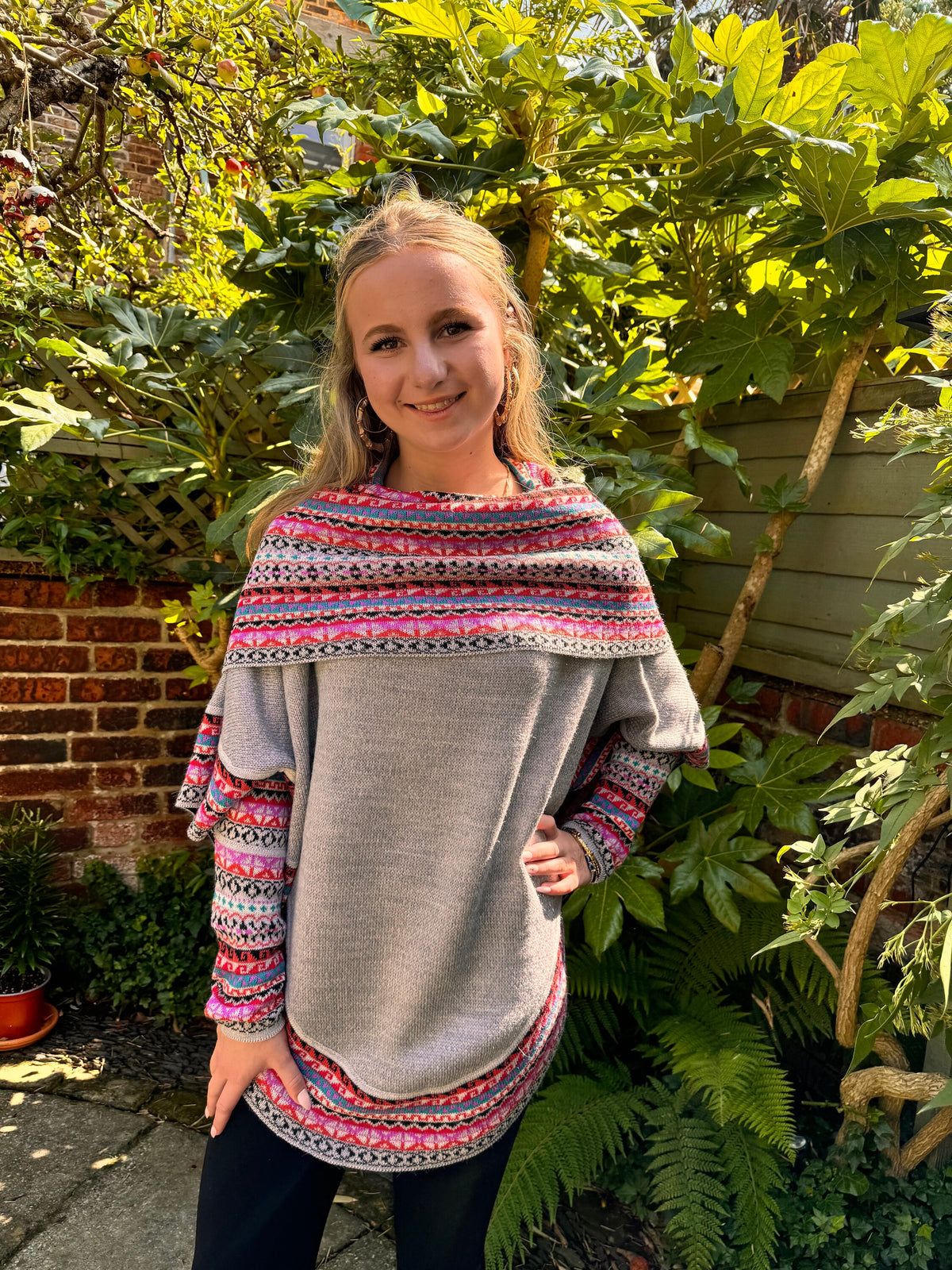 Light Grey & Pink Fair Isle Alpaca Poncho with Sleeves, photo 2
