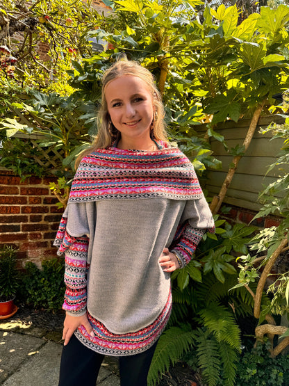 Light Grey & Pink Fair Isle Alpaca Poncho with Sleeves, photo 2