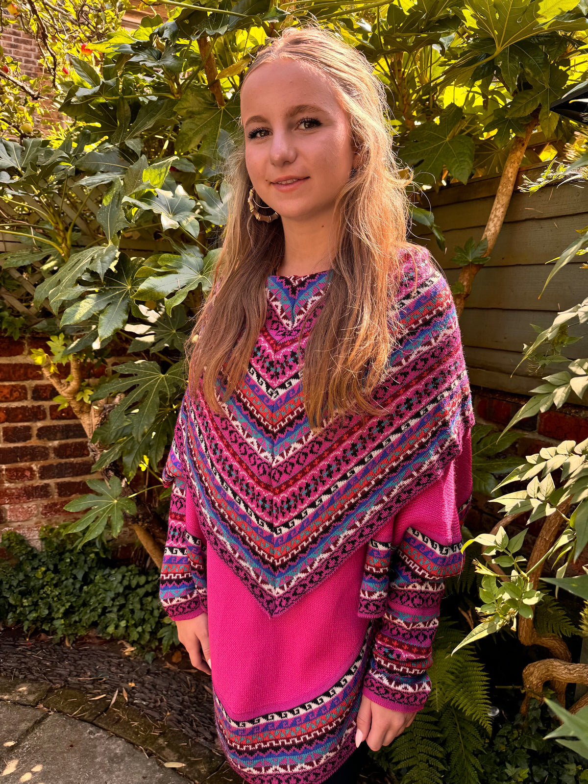 Hot Pink Fair Isle Alpaca Poncho with Sleeves, photo 6