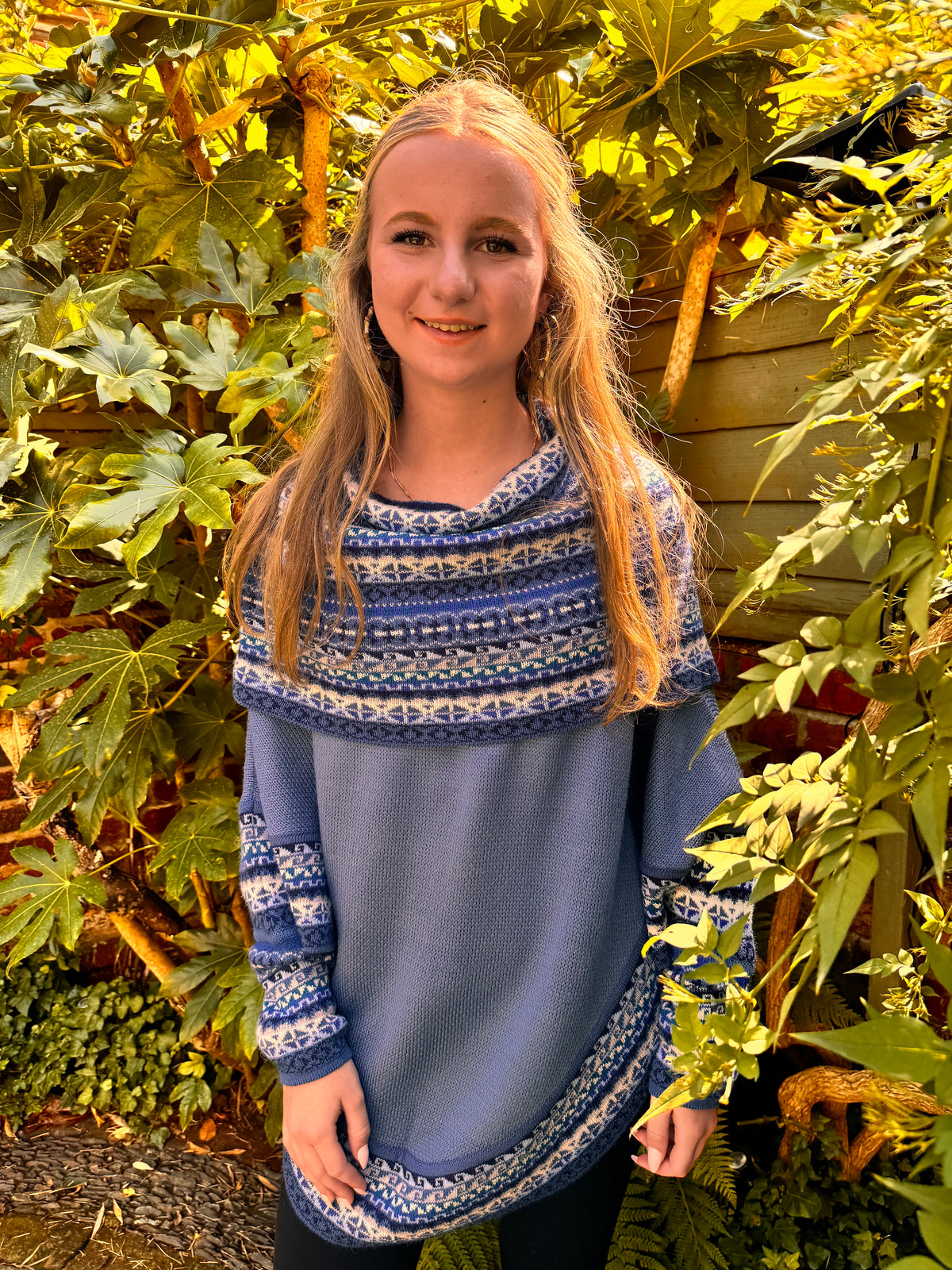 Sky Blue & Navy Fair Isle Alpaca Poncho with Sleeves, photo 4