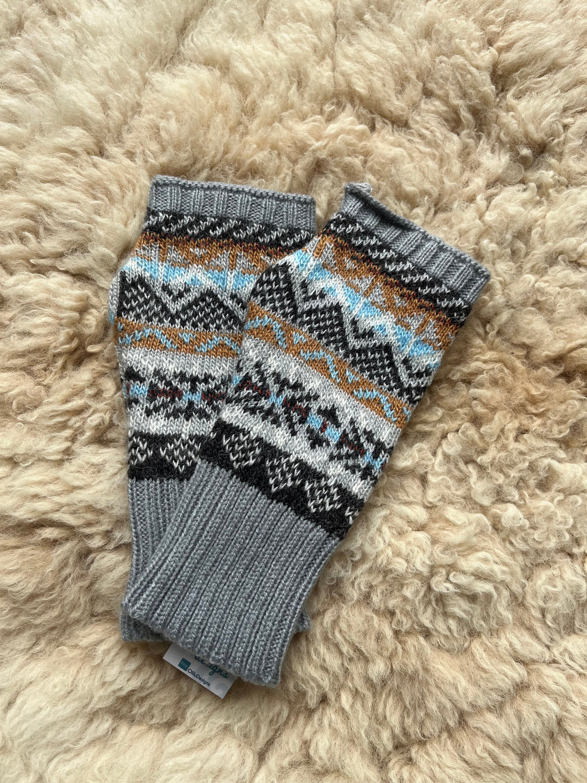Grey & Blue Fair Isle Alpaca Fingerless Gloves, photo 2