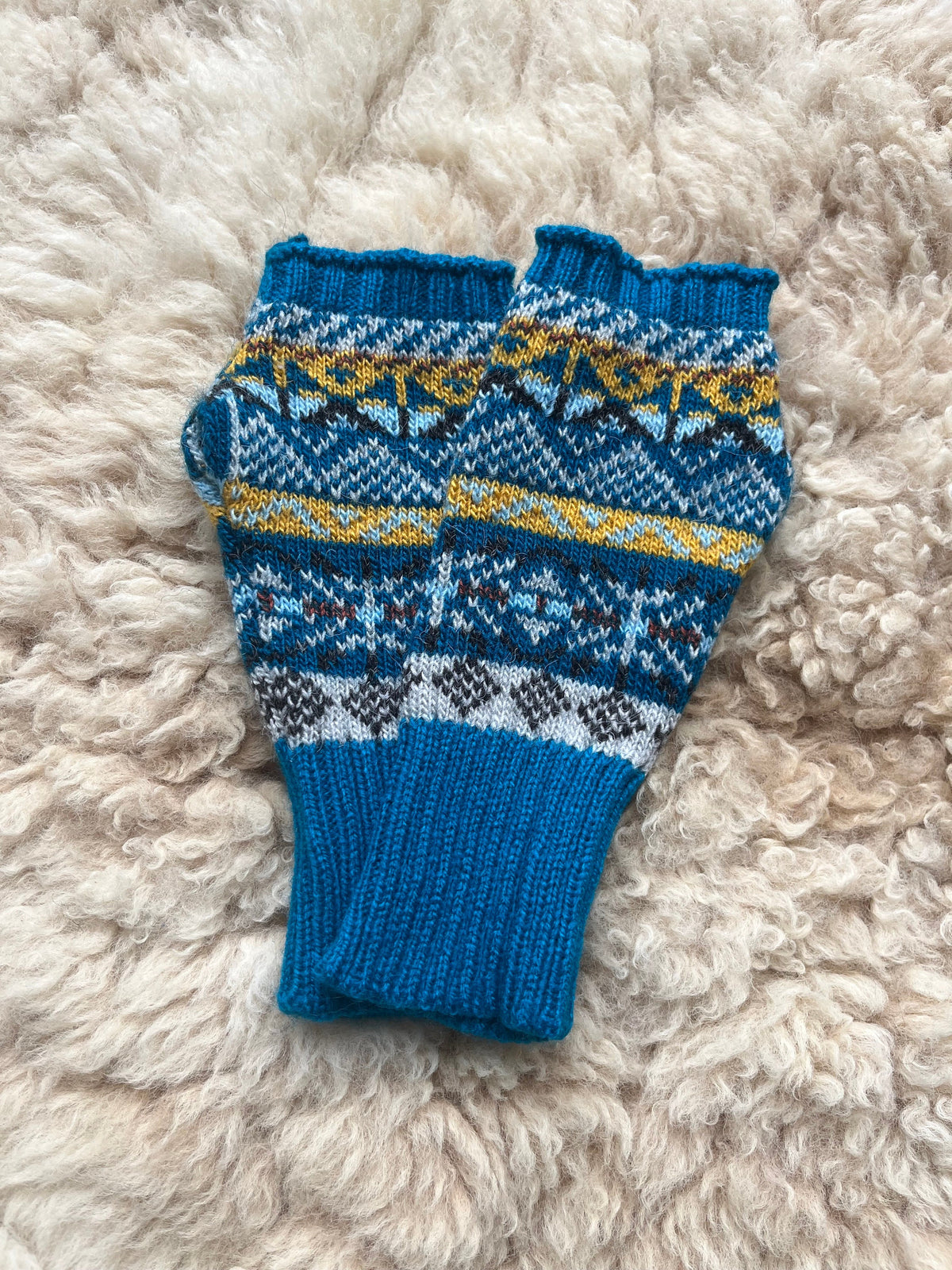 Teal Blue Fair Isle Alpaca Fingerless Gloves, photo 2