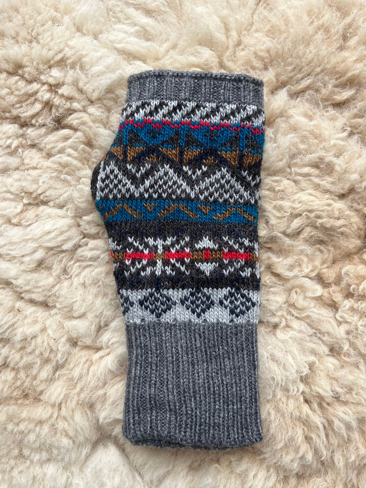 Grey & Teal Fair Isle Alpaca Fingerless Gloves, photo 2