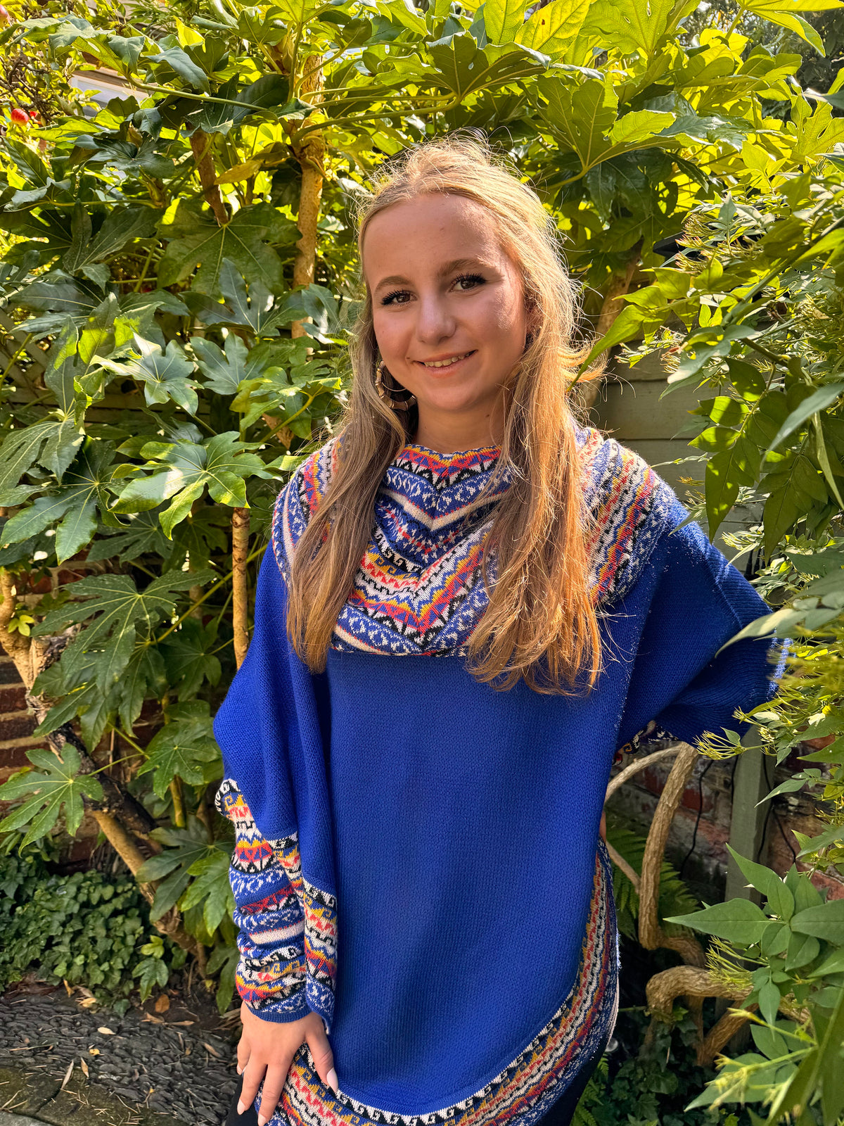 Royal Blue Fair Isle Alpaca Poncho with Sleeves, photo 6