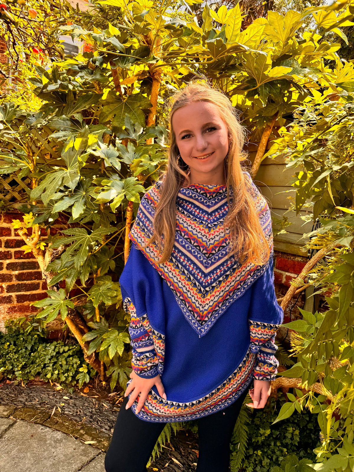 Royal Blue Fair Isle Alpaca Poncho with Sleeves, photo 4