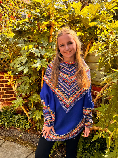 Royal Blue Fair Isle Alpaca Poncho with Sleeves, photo 4