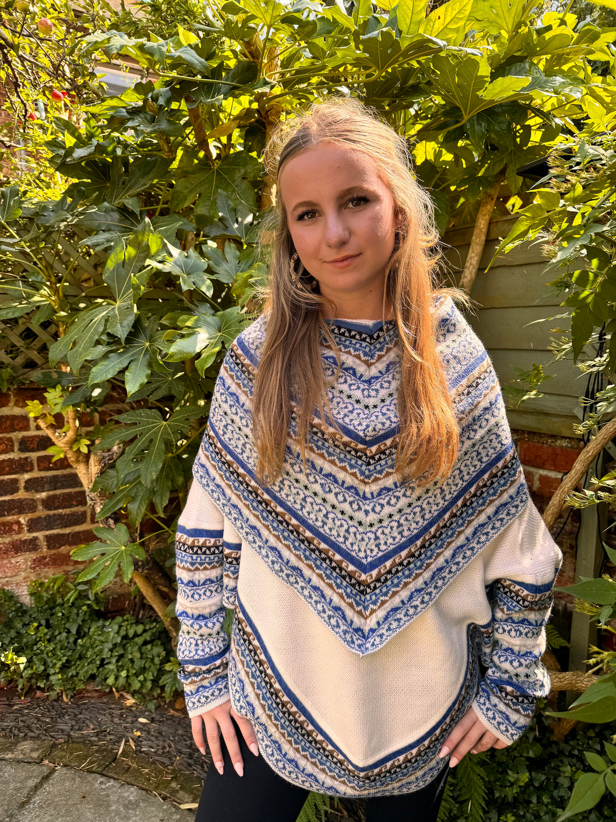 Cream & Blue Fair Isle Alpaca Poncho with Sleeves