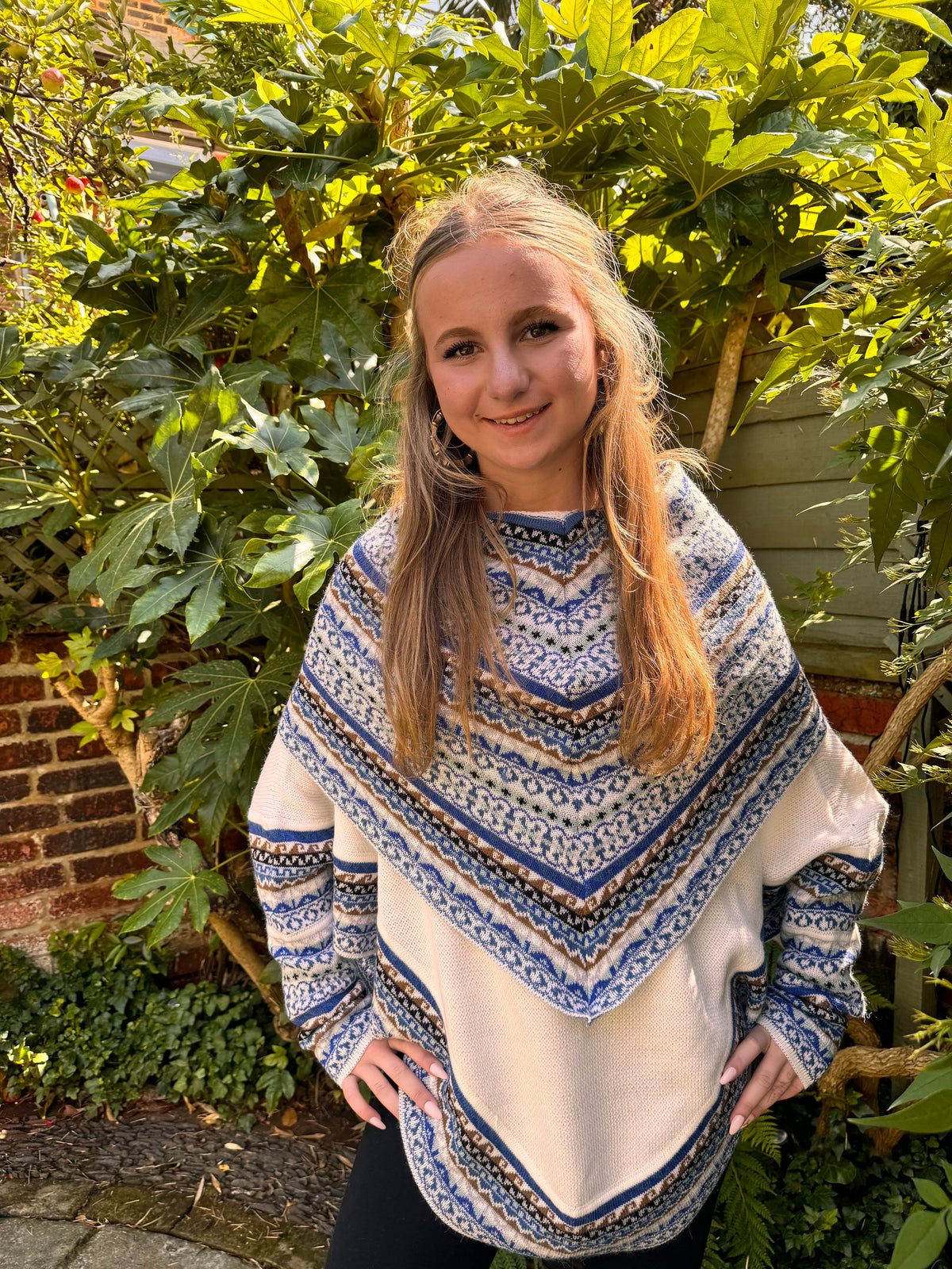 Cream & Blue Fair Isle Alpaca Poncho with Sleeves, photo 4