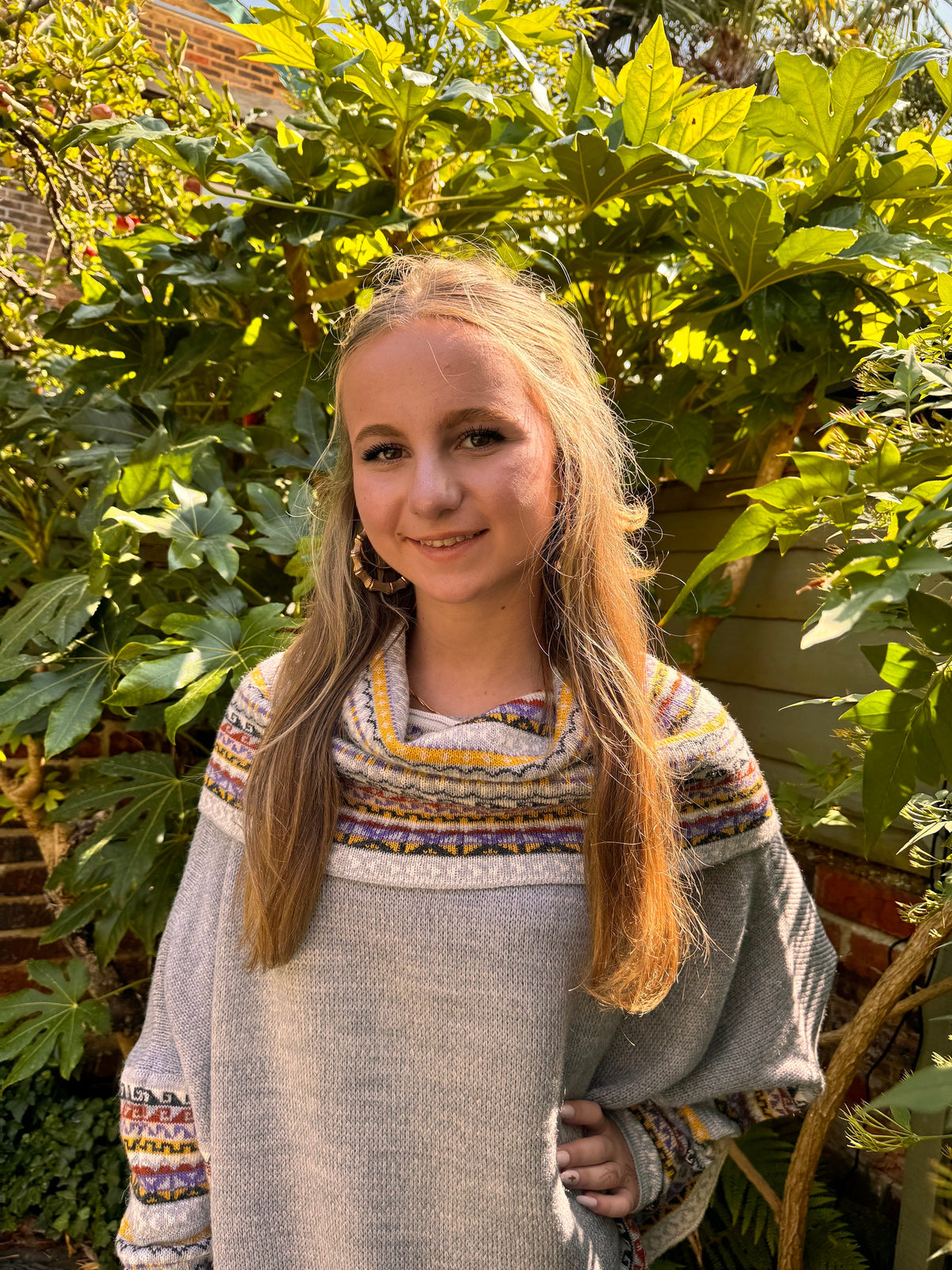 Light Grey & Mustard Fair Isle Alpaca Poncho with Sleeves, photo 4