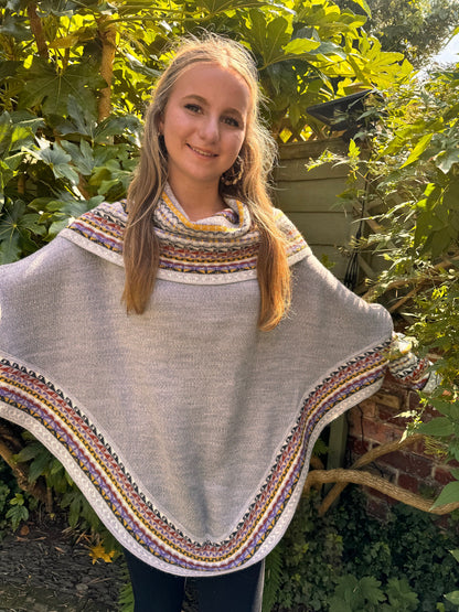 Light Grey & Mustard Fair Isle Alpaca Poncho with Sleeves, photo 2