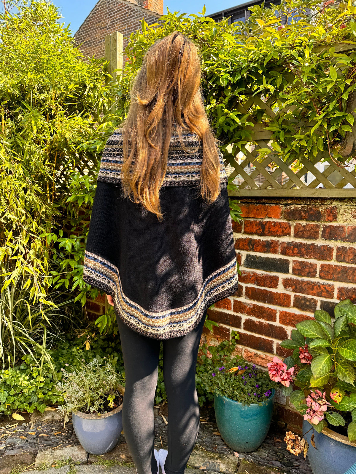 Black & Cream Fair Isle Alpaca Poncho with Sleeves, photo 6