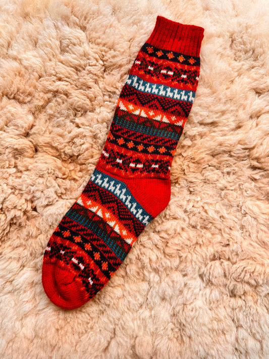 Red Llama Fair Isle Mid-Calf Alpaca Socks