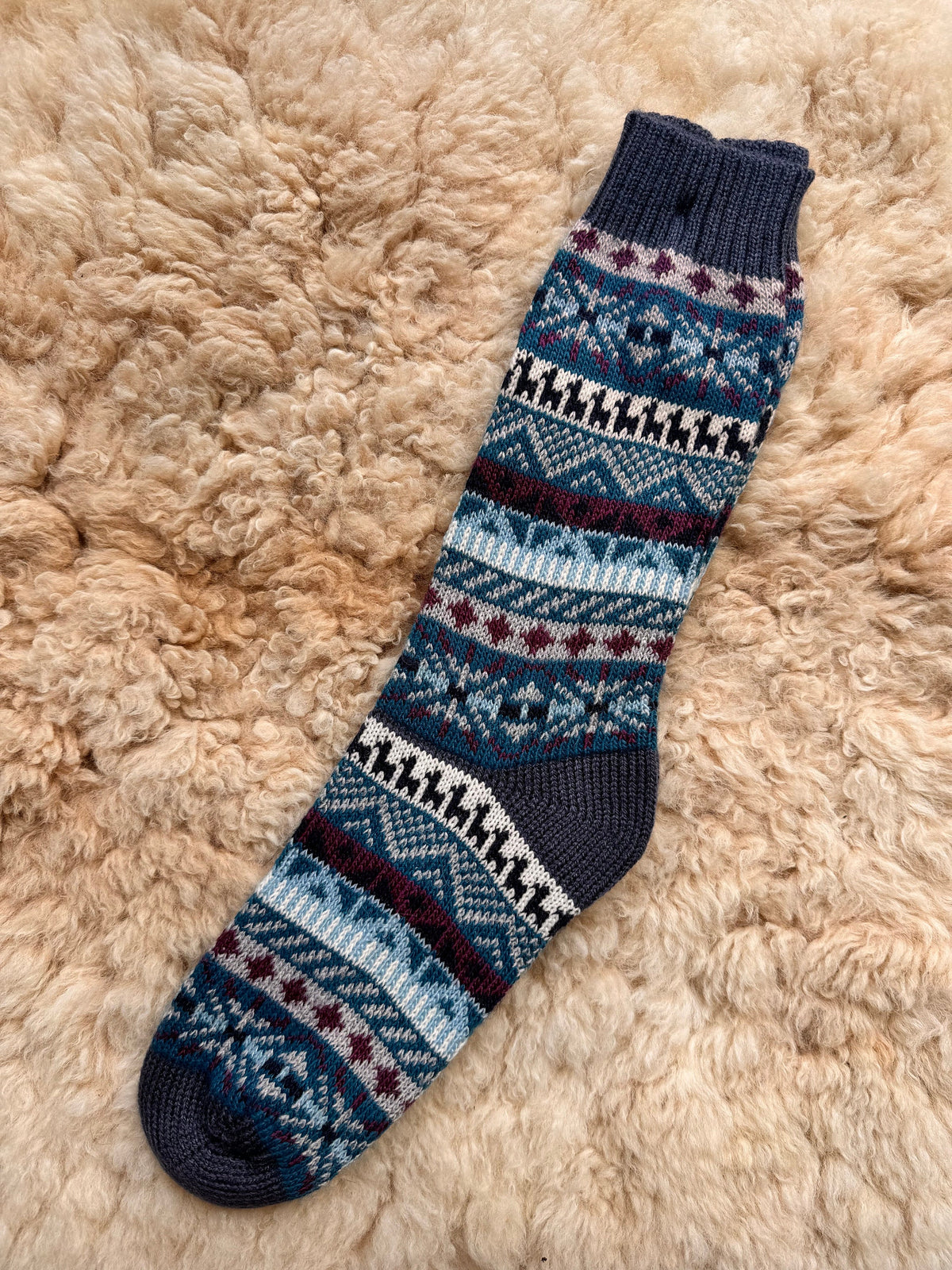 Light Blue Llama Fair Isle Mid-Calf Alpaca Socks