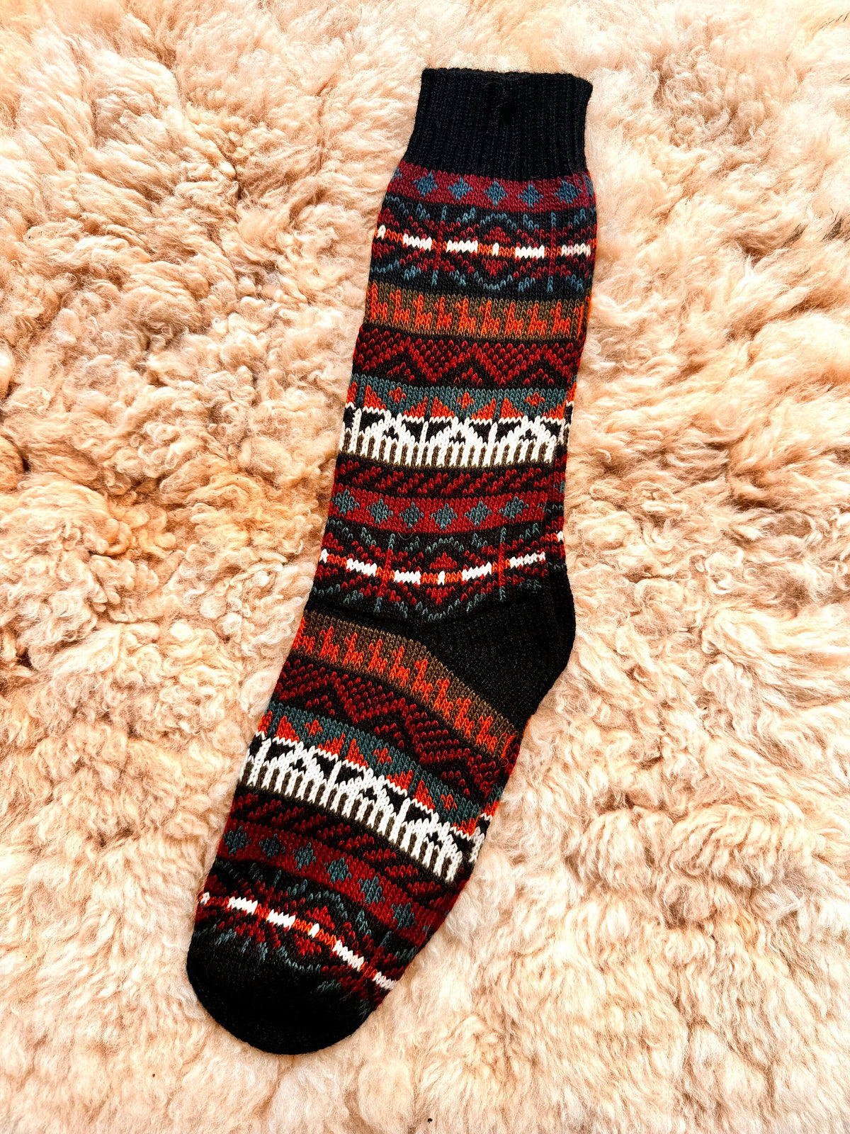 Black Llama Fair Isle Mid-Calf Alpaca Socks
