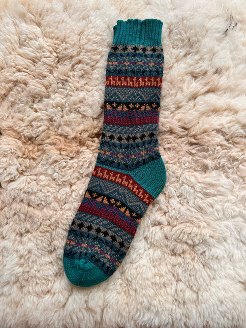 Teal Llama Fair Isle Mid-Calf Alpaca Socks
